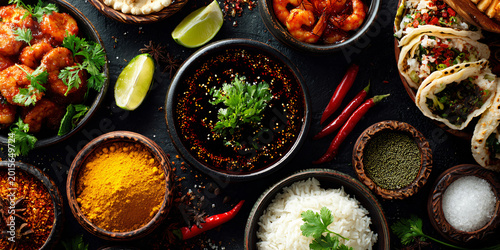World Cuisines Variety of Dishes on Black Surface Overhead