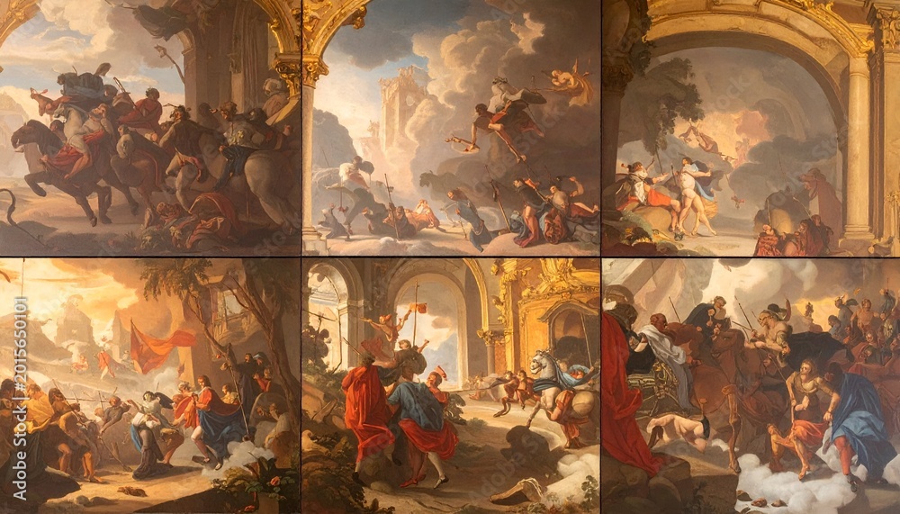 Fototapeta premium Series of historical paintings depicting biblical scenes and classical architecture.