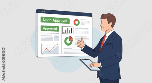 Businessman with Loan Approval Thumbs Up and Digital Tablet