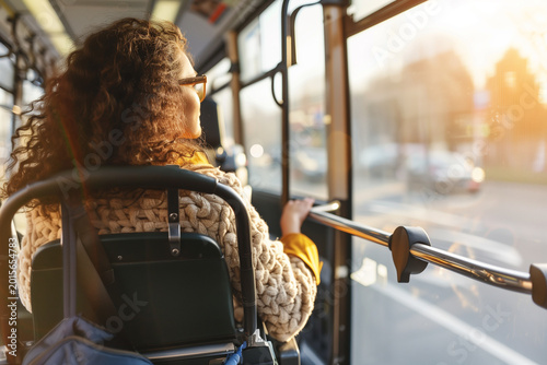 A woman in a wheelchair is riding a bus