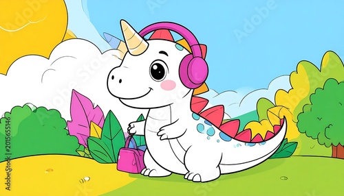 Smiling cartoon dinosaur with headphones on.