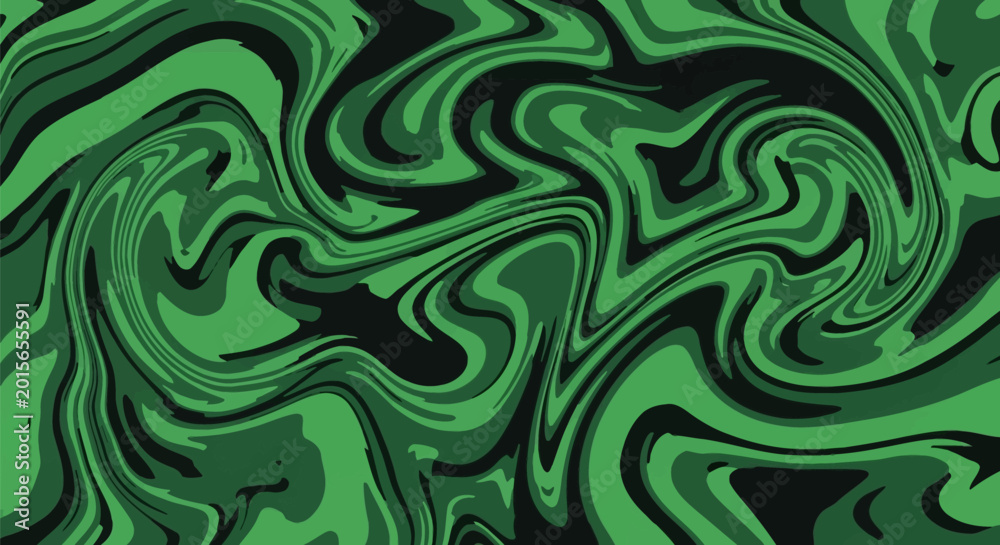 Obraz premium Abstract fluid marble texture with organic swirling patterns in forest green, lime green, and black, creating a liquid camouflage effect for use as a background or graphic element.