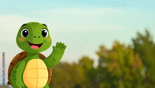 Smiling turtle cartoon character waving happily.