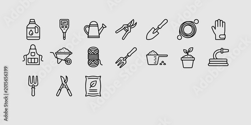 Tableau sur toile Icon set collection of professional gardening tools featuring watering cans, pruners, trowels, wheelbarrows, and essential equipment for horticulture and backyard maintenance projects