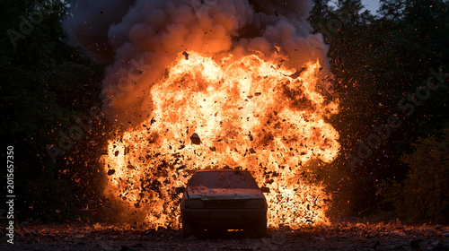 Car Standing Before Huge Fire Explosion with Orange Flames and Dark Smoke