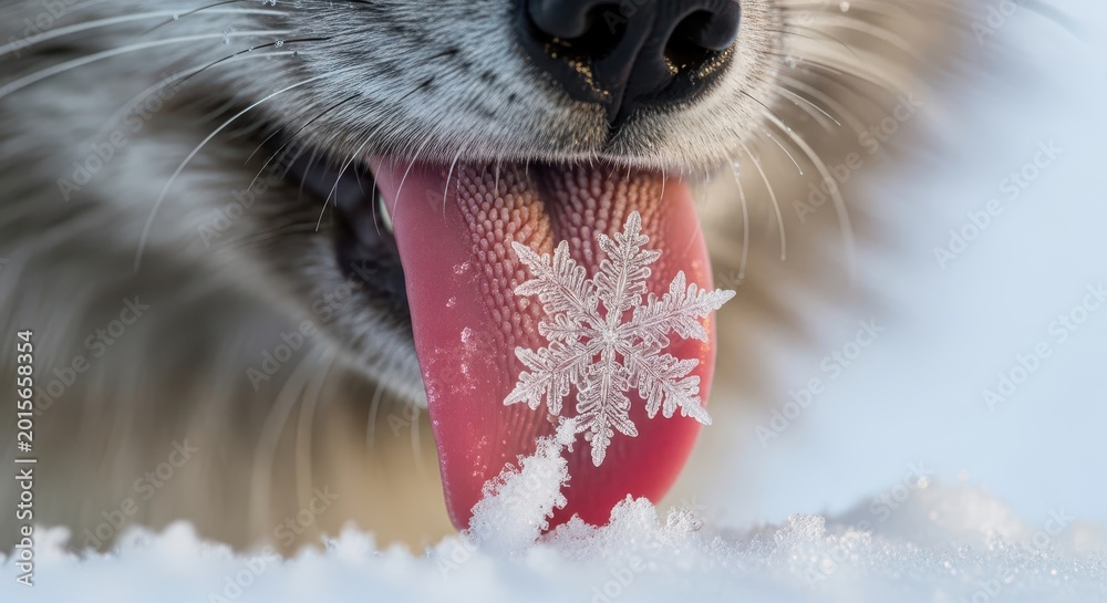 Fototapeta premium Close-up of an Arctic Fox Catching a Beautiful Intricate Snowflake on
