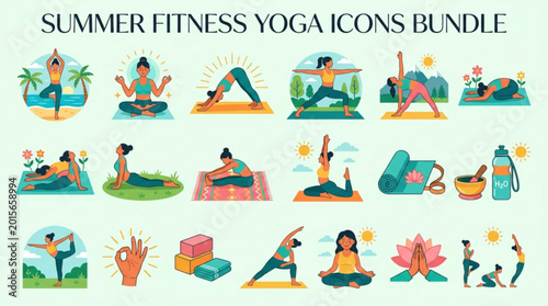 Photography Summer fitness yoga icons bundle with people practicing poses outdoors in variou