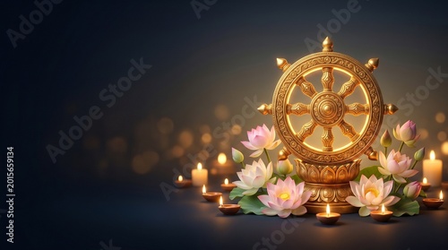 Golden Dharma Wheel with Lotus Flowers and Warm Candlelight Glow for Asalha Puja, Elegant Dark Gradient Background Symbolizing Buddhist Spirituality