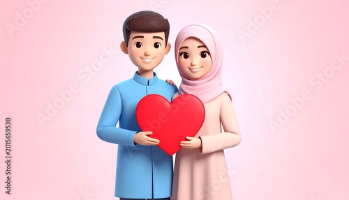 Young couple holding heart symbol.