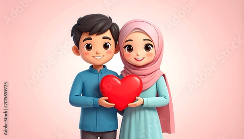 Young Muslim couple holding heart symbol.