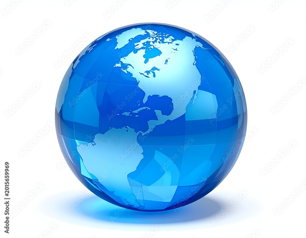 Obraz premium Blue Glass Globe Featuring North and South America on White Background.