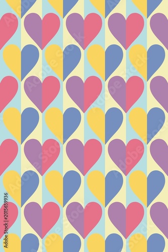 Abstract art, heart shapes, use of multicolored hearts arranged to create images, patterns, multicolored backgrounds, printed patterns, art, cover, wallpaper printing, design.
