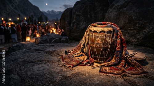 Traditional Karakoram Festival ceremonial drum and woven fabric on a stone surface, showcasing the vibrant ethnic culture and heritage of the mountain region.