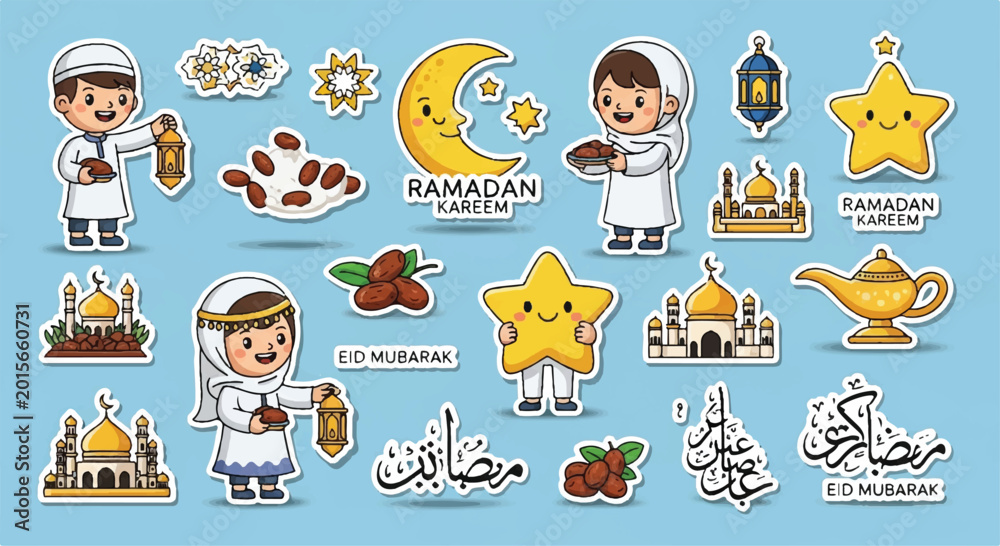 Fototapeta premium Set of cute cartoon ramadan characters stickers and elements with stickers characters lanterns celebration children religion illustration