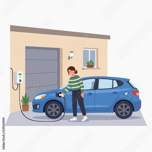Woman charging electric car at home garage with charging station and blue vehicle