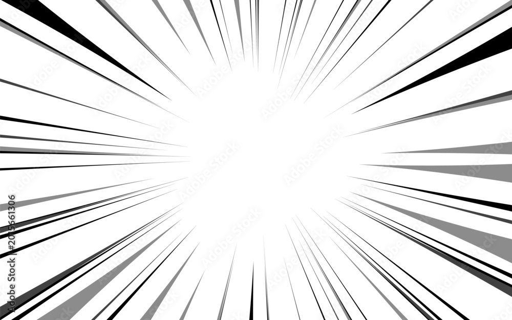 Naklejka premium Manga comic background with speed action effect. Vector radial line frame cartoon pattern anime explosion, black line comic book action.