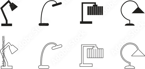 Canvastavla Modern Desk and Floor Lamp Icons Vector Set - Minimalist Lighting Fixtures Colle