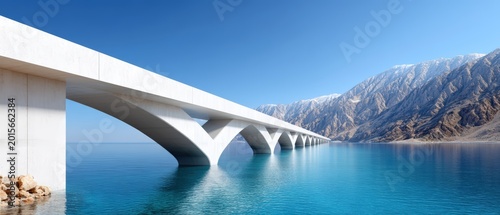 A modern white bridge spans calm turquoise water, set against a backdrop of rugged, snow-capped mountains under a clear blue sky.