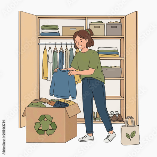 Woman sorting clothes for recycling in a wardrobe with a recycling bin and tote bag