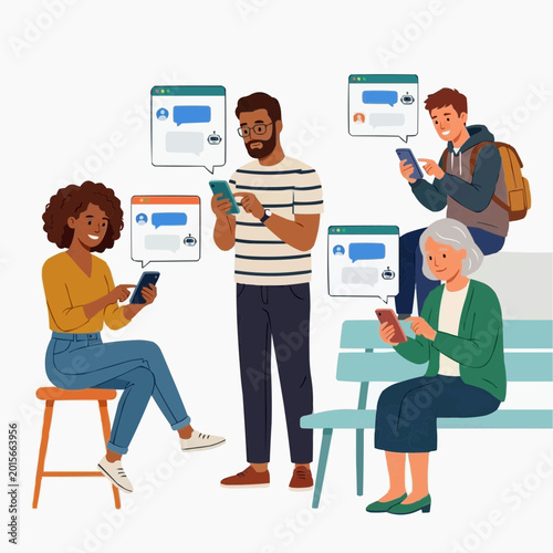 Diverse group of people using smartphones for communication and social media