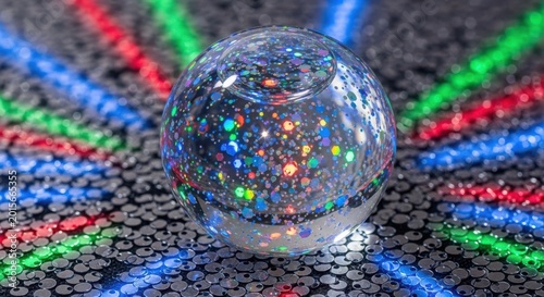 Glittering Sphere with Colorful Lights on Sequined Surface