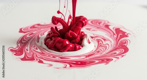 Crimson Red Paint Swirling with White Liquid in Abstract Art