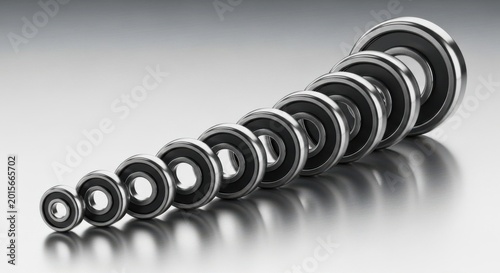 A Row of Polished Steel Ball Bearings on a Reflective Surface