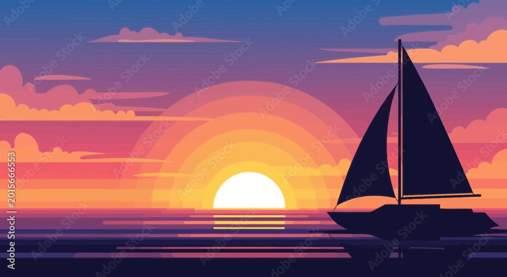 Naklejka premium Pixel Art Sailboat on Ocean at Sunset