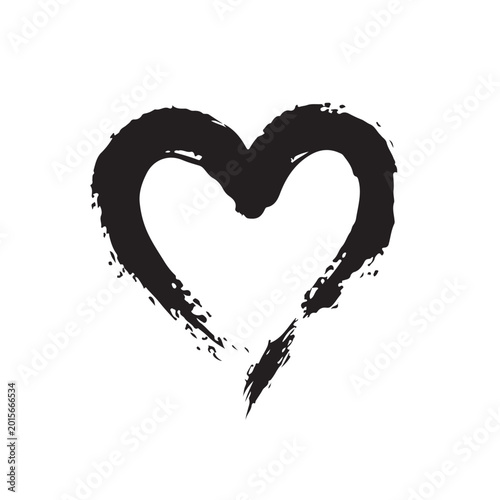 Hand-Drawn Black Ink Heart Symbol with Grungy Brush Stroke Texture on White Background