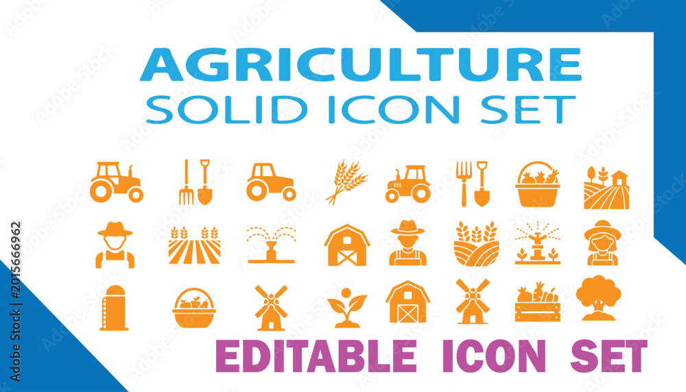 Fototapeta premium Agriculture and farming icon set editable vector graphics agriculture editable vegetable gardening windmill countryside sunflower eggplant irrigation