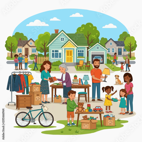 Diverse families and neighbors enjoying a sunny day at a community garage sale event