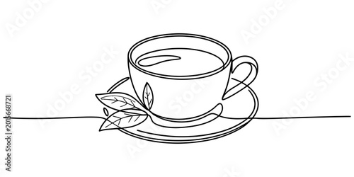Fotografía Continuous single line drawing of a cup of hot tea with fresh leaves on a saucer