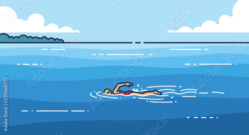 Tableau sur toile Man swimming freestyle in open water, sunny day, blue ocean, distant shoreline
