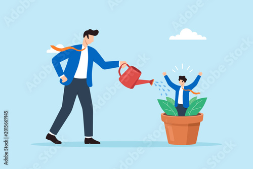 Canvastavla Flat illustration of businessman manager watering growing employee in plant pot
