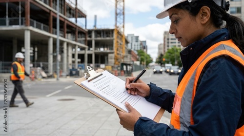 A woman wearing a hard hat and a high-visibility vest is meticulously reviewing a clipboard filled with notes while standing on a sidewalk.