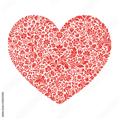 Konstfotografi Detailed Red Heart Silhouette Filled with White Floral Vines and Khokhloma Inspi