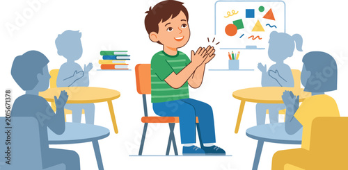 Photos Happy young student boy clapping hands in classroom with classmates celebrating success and positive peer reinforcement during primary school lesson