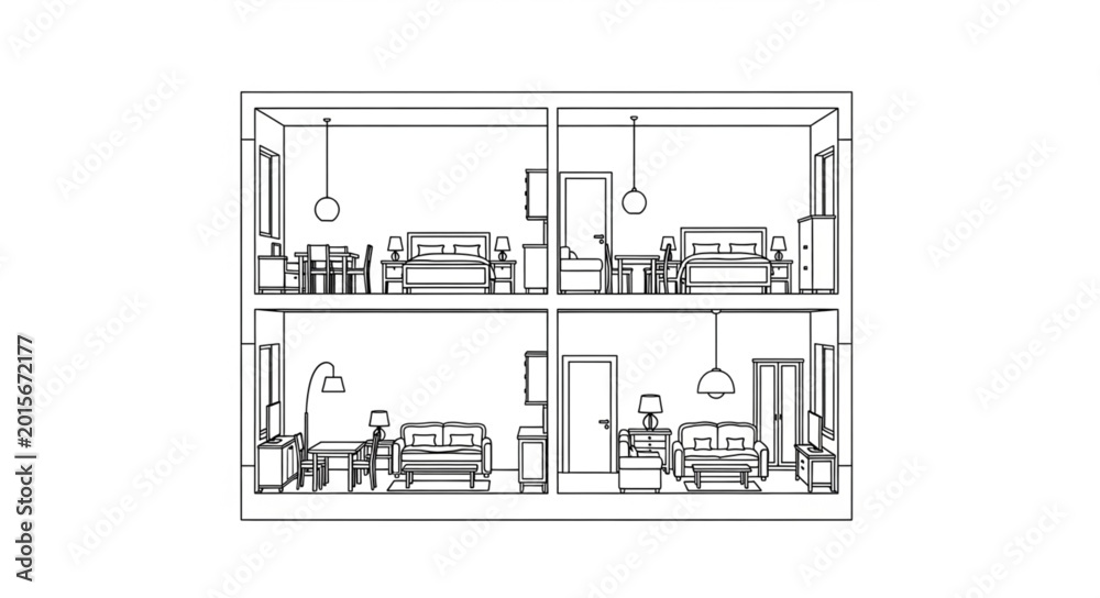Fototapeta premium Architectural drawing of a two-story house interior layout.