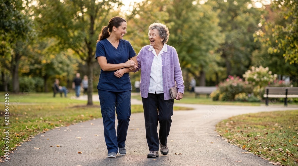 Obraz premium A young female caregiver walks alongside an elderly woman in a park. They are smiling and holding hands, enjoying a pleasant stroll.