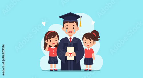 Tableau sur toile Sad Graduate with Children - Graduation Day Tears
