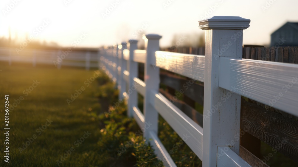Fototapeta premium Scenic View of a White Wooden Fence Against a Beautiful Sunset in a Serene Rural Landscape with Lush Green Grass and Soft Evening Light