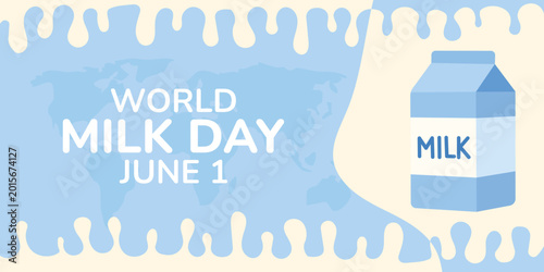 World Milk Day banner in flat vector style with milk carton, dairy theme and healthy nutrition concept for June 1 celebration