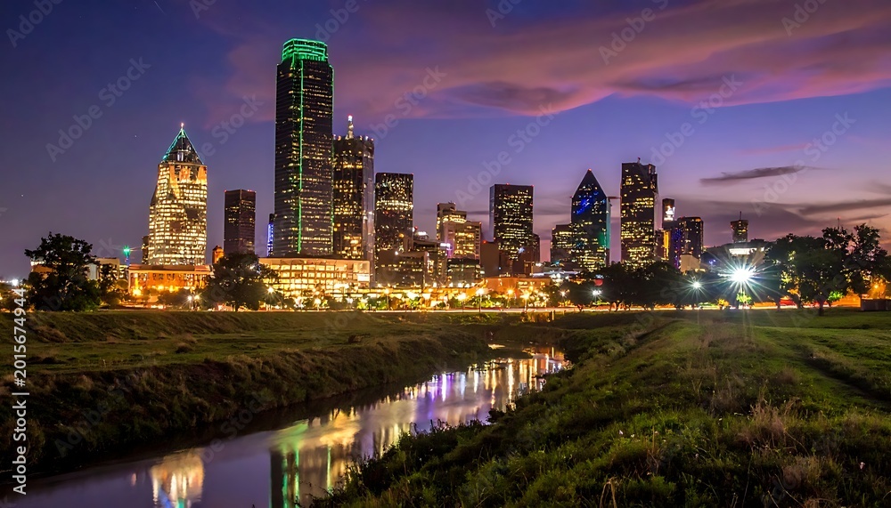 Fototapeta premium City skyline at dusk with river.