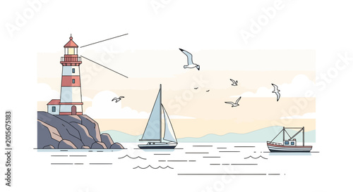 фотографія Lighthouse guiding sailboat and fishing boat at sea with seagulls flying