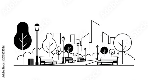 City park with benches and trees in a minimalist line art style.