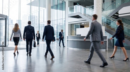 Business people walking in modern office lobby corporate professionals in suits moving through spacious glass building entrance busy workday atmosphere career success teamwork