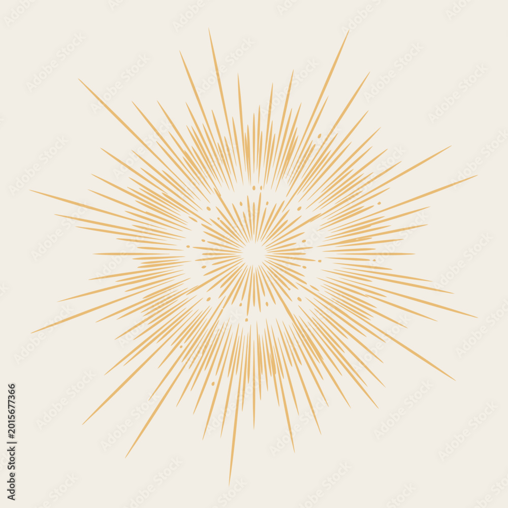 Naklejka premium Dynamic Hand Drawn Style Sunburst Vector Graphic Element with Sharp Exploding Linear Rays for Retro Badge Design and Impactful Comic Accents