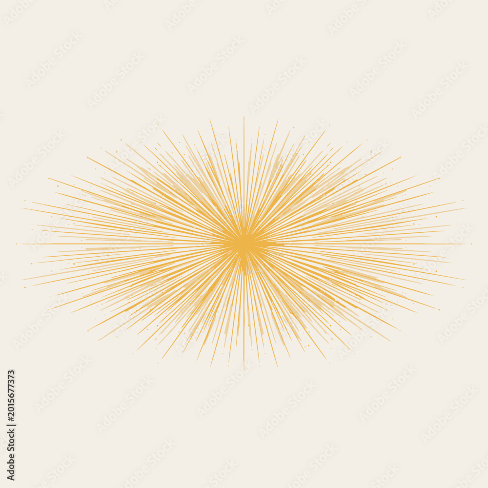 Obraz premium Horizontal Oval Sunburst Vector Graphic with Dense Exploding Radial Rays for Cinematic Light Flare Retro Logo Backdrops and Power Energy Concept