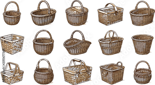 Tableau sur toile Large Set of Detailed Wicker Basket Vector Illustrations Featuring Various Shape