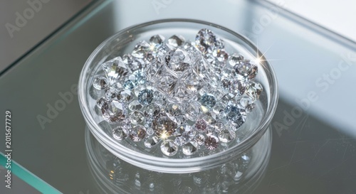 A clear glass bowl filled with numerous sparkling diamonds and precious gemstones.